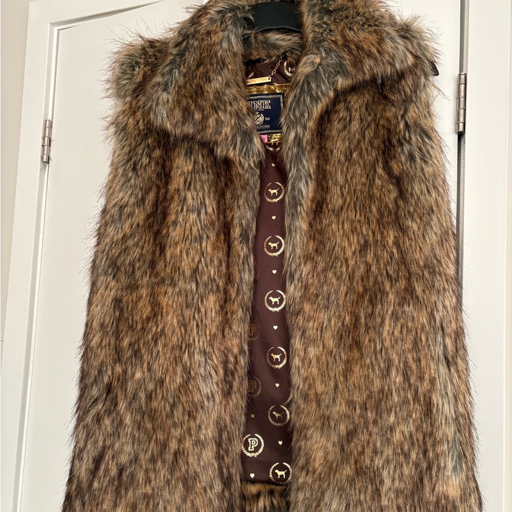 PINK Victoria's Secret Gold and Brown Faux Fur Vest